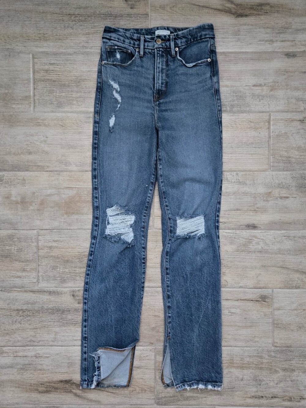 Good American Good Boy High Rise Jeans Womens Distressed with Ankle Slits 2 26